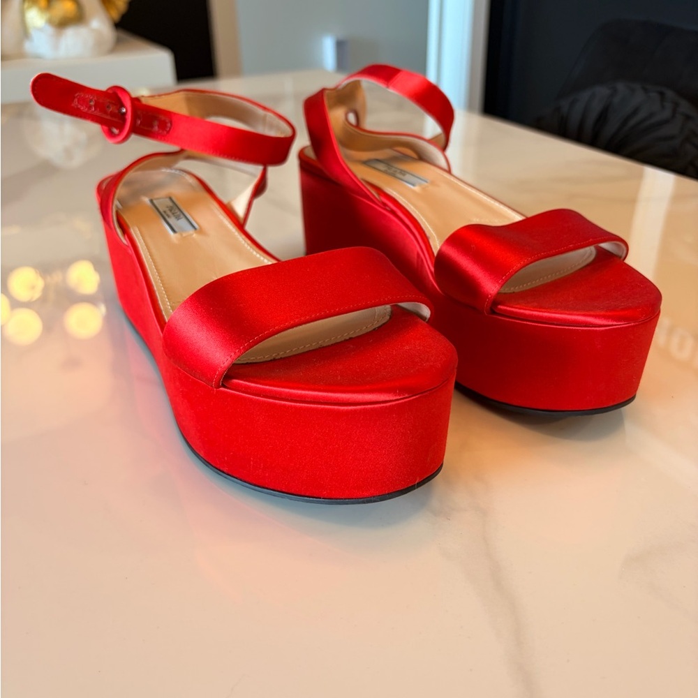Prada Red Satin Platform Sandals with Ankle Strap